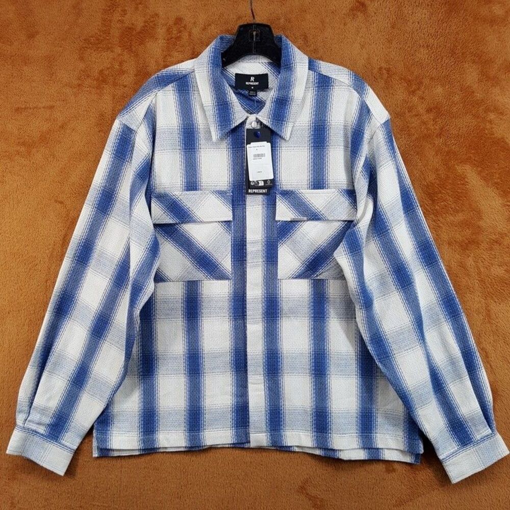 REPRESENT Button Shirt Mens Medium Blue Cream Stripe Check Season Flannel $260